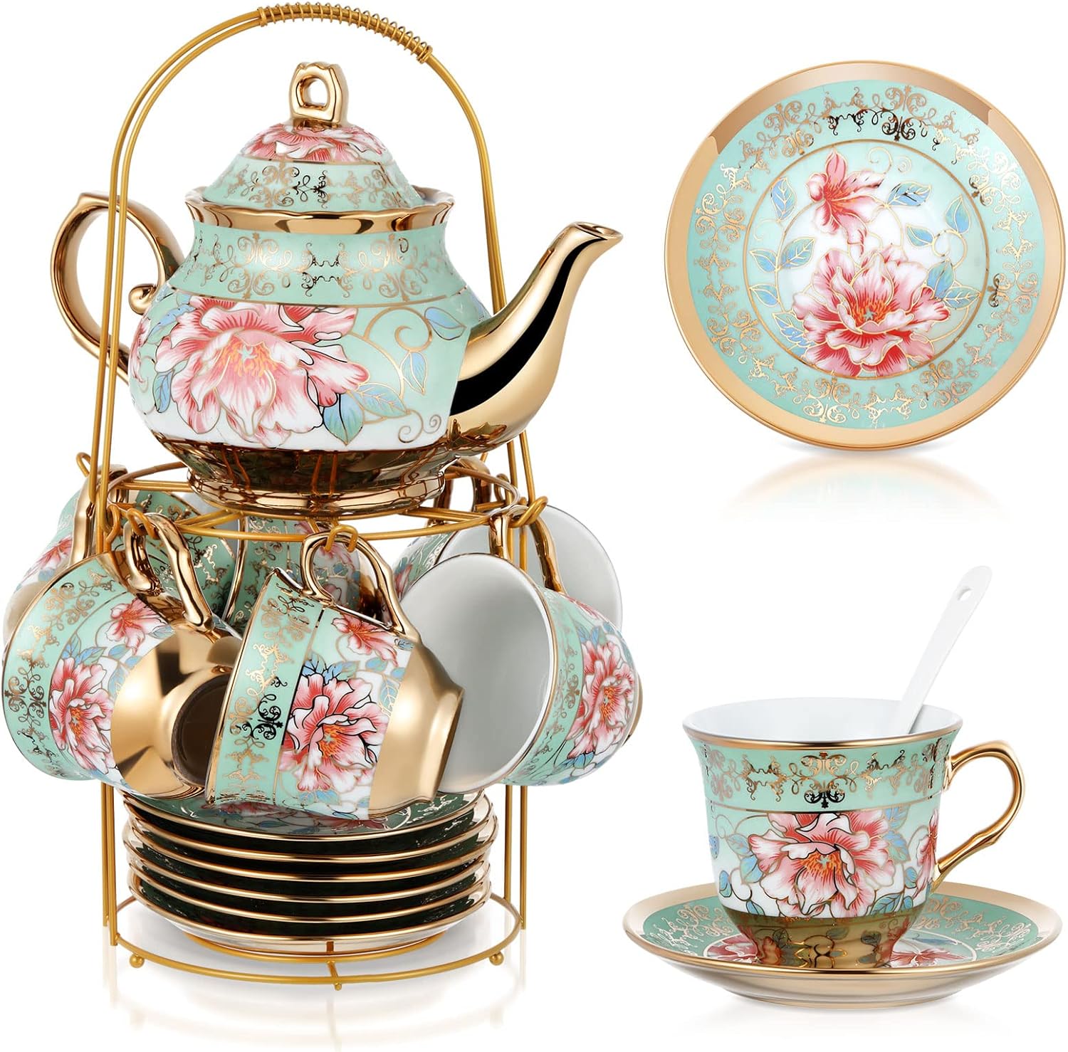 20-piece British ceramic floral tea set with teapot, cups, saucers, spoons, and stand