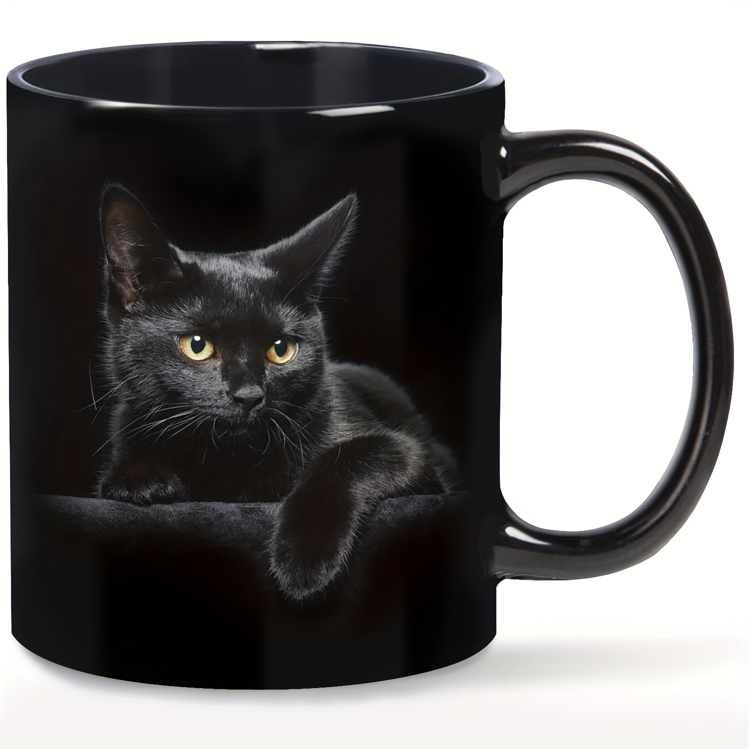 Black cat mug 11 oz glossy ceramic coffee cup front view