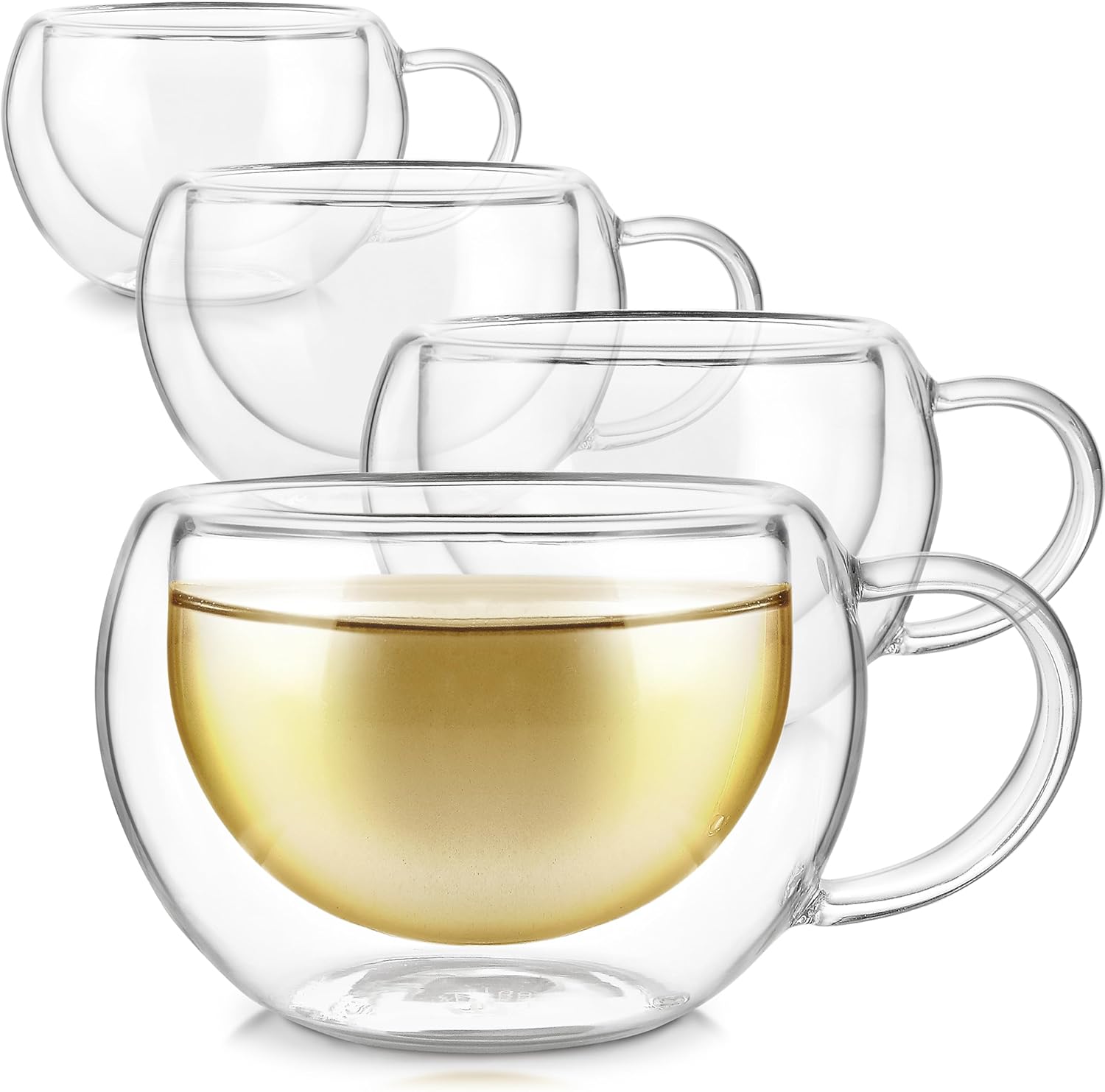 Set of four clear 6 oz double wall glass cups with handles filled with tea