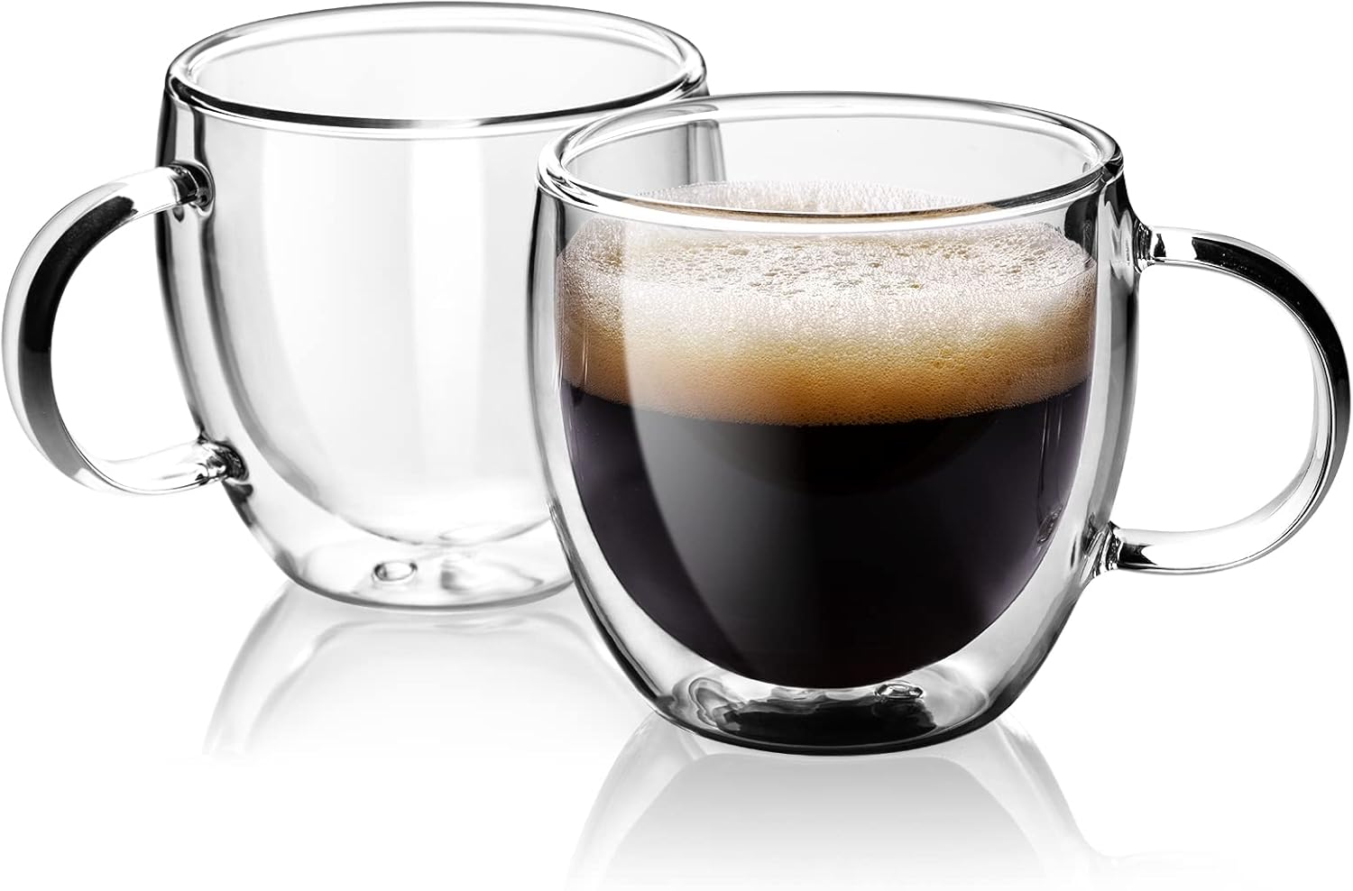 Set of two clear 5 oz double wall glass espresso cups with rounded handles