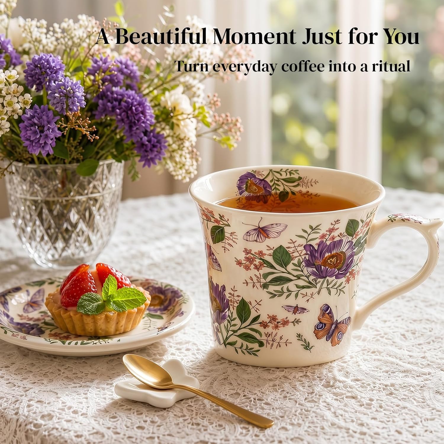 Porcelain cup and saucer set shown from the side with floral finish