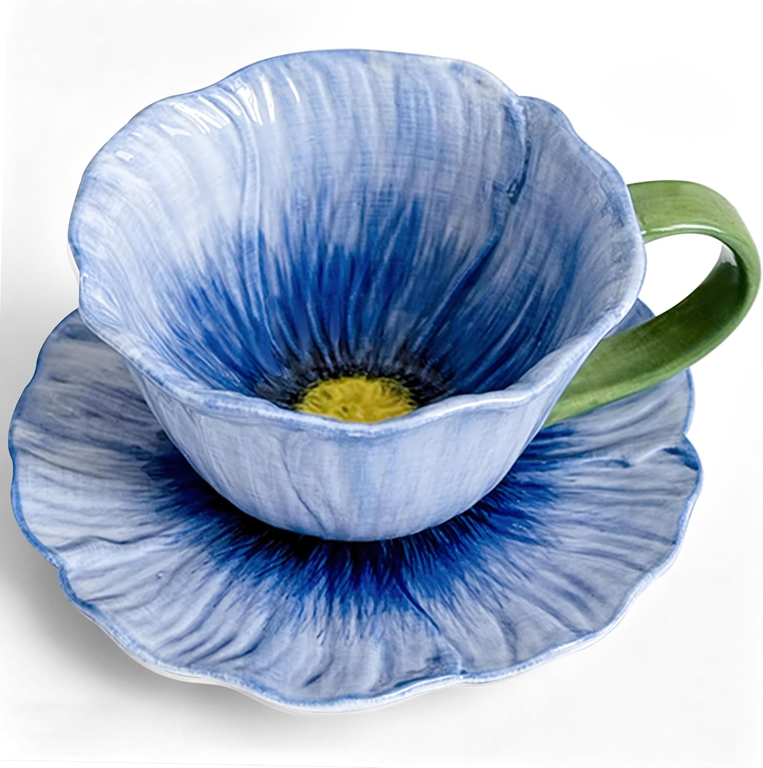 10 oz flower-shaped ceramic tea cup and saucer set in blue