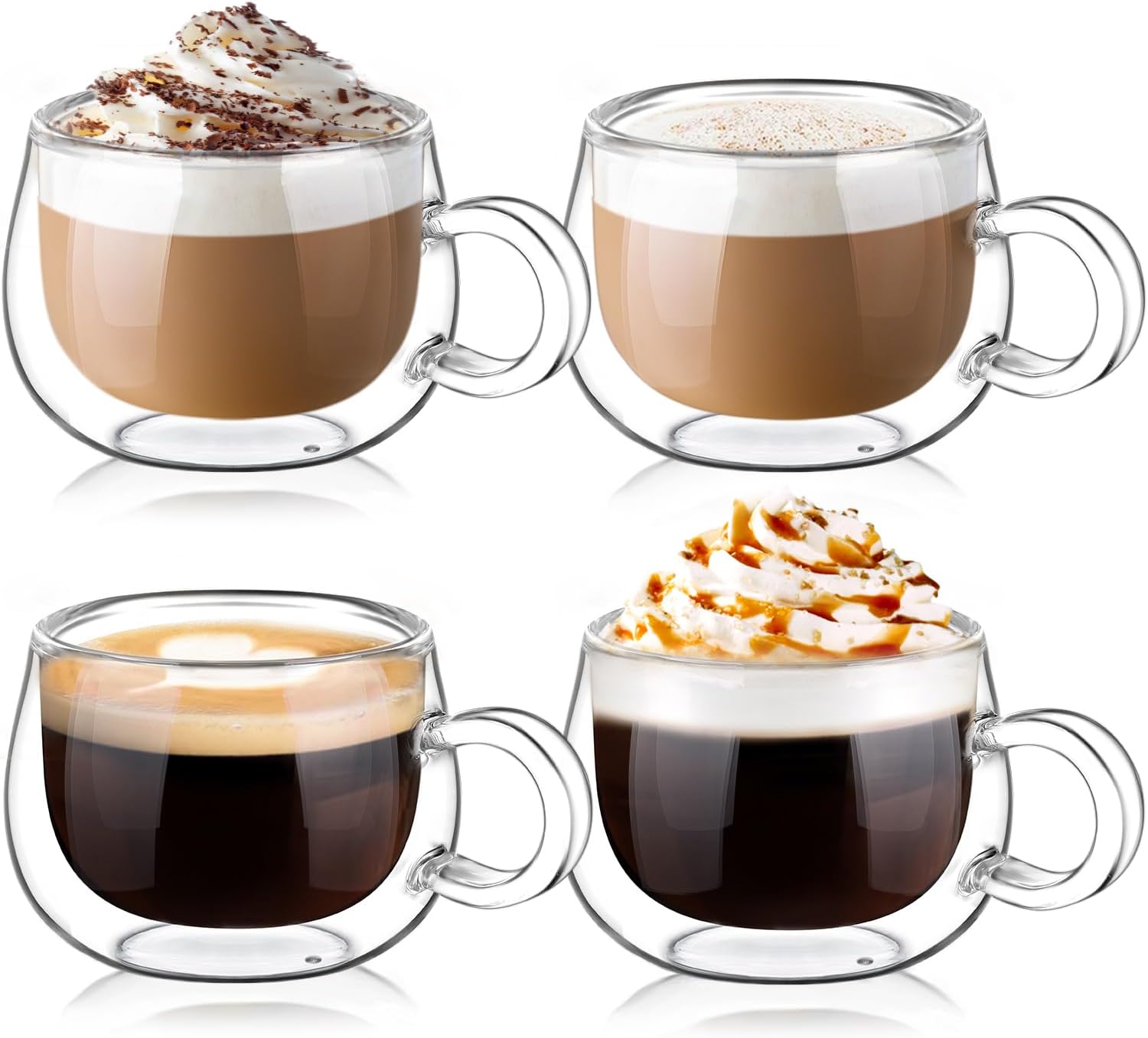 Set of four 4 oz clear double wall espresso cups with handles shown with espresso drinks