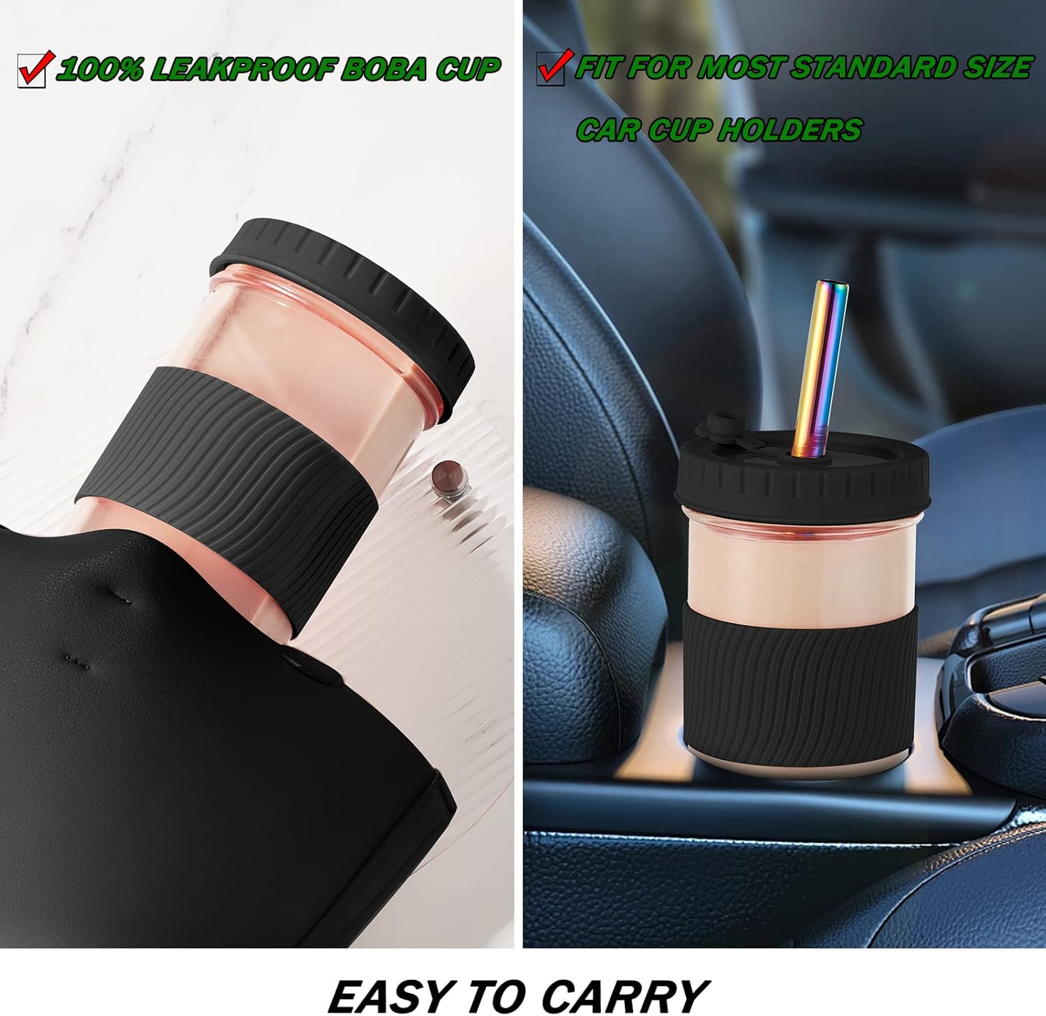 Glass boba cups placed in a car cup holder for takeaway drinks