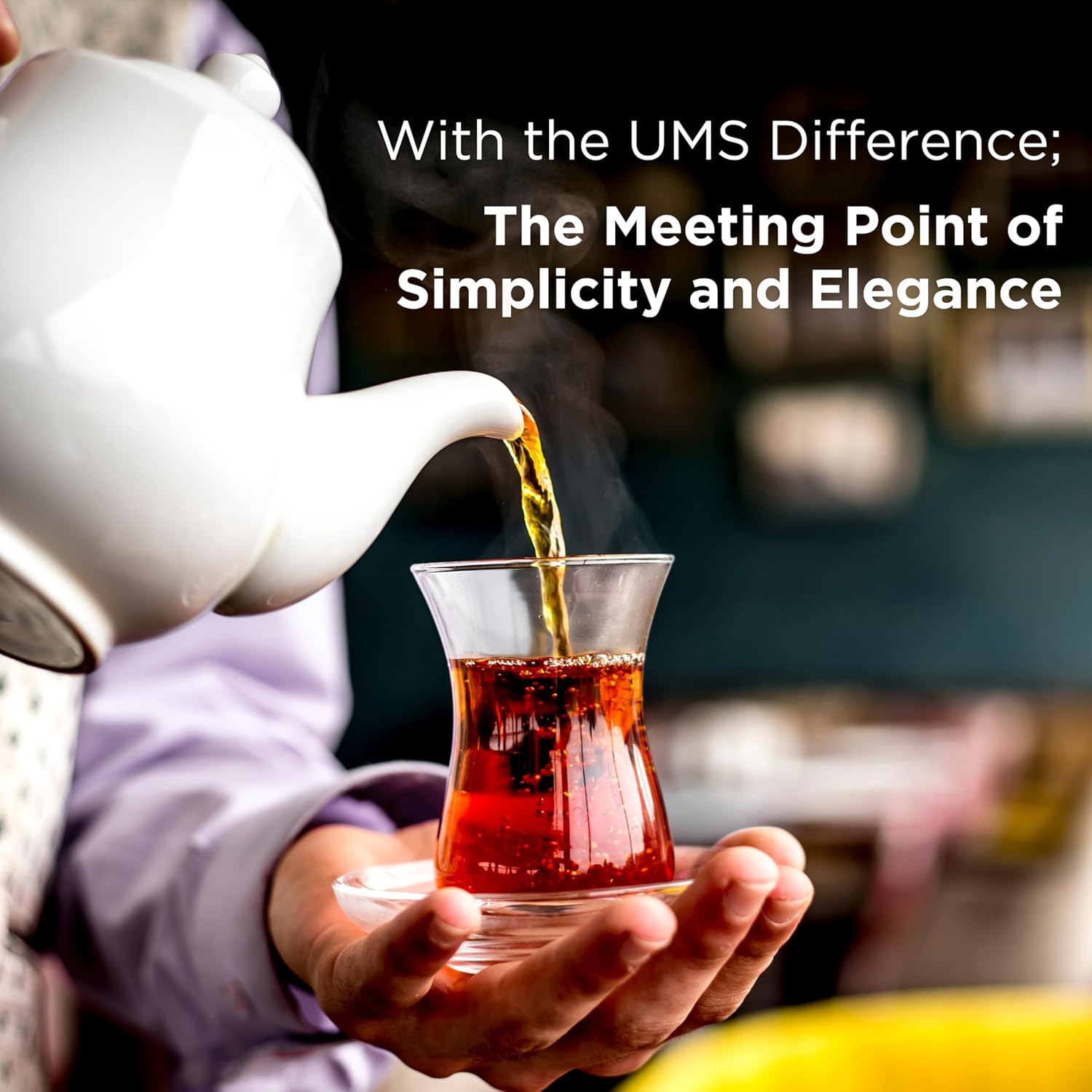 Slim tea glass shape shown beside matching saucers