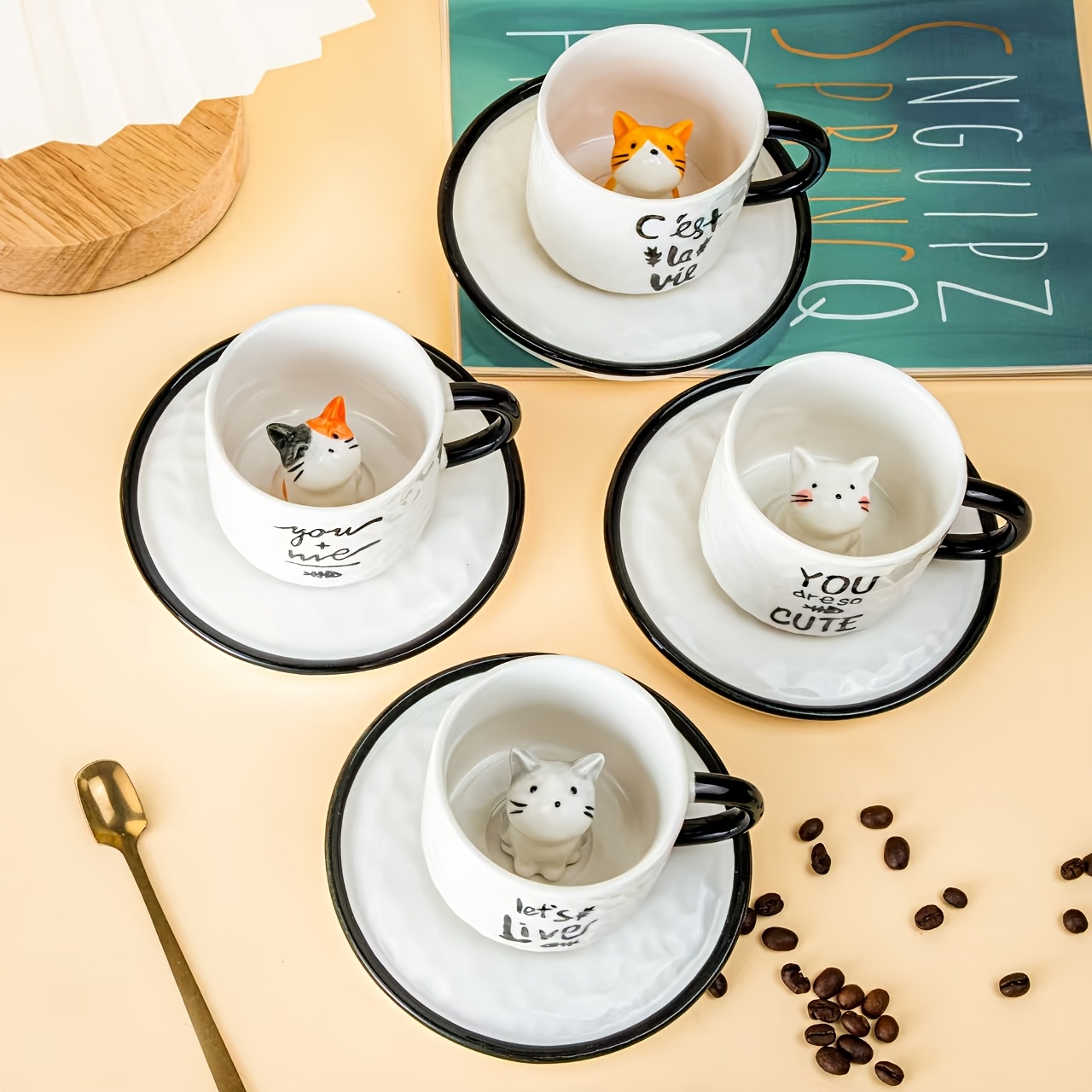 Coffee mug with cat inside and matching saucer
