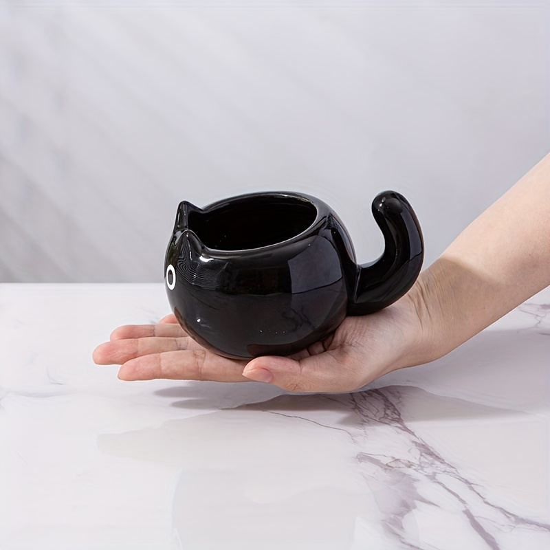 Black cat style Siamese cat mug with curled tail handle