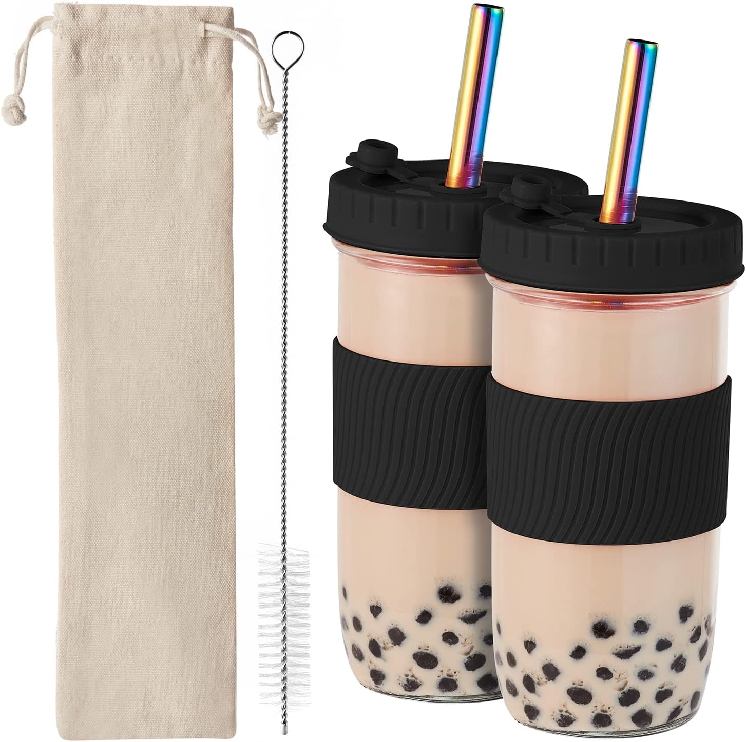 Set of two 24 oz glass boba cups with black lids, black sleeves, and cleaning tools