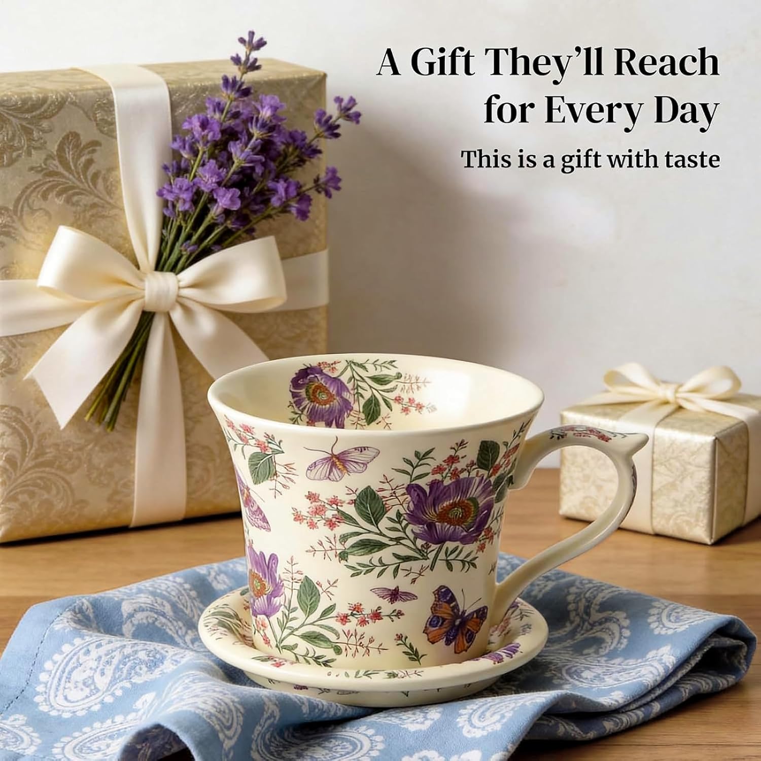 14 oz floral tea cup set styled for gifting and slow sipping