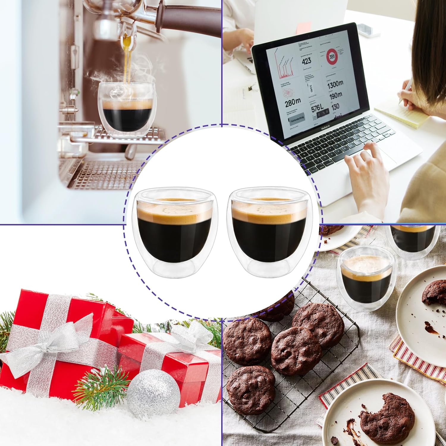 3 oz double wall espresso cups shown in a coffee desk and snack setup