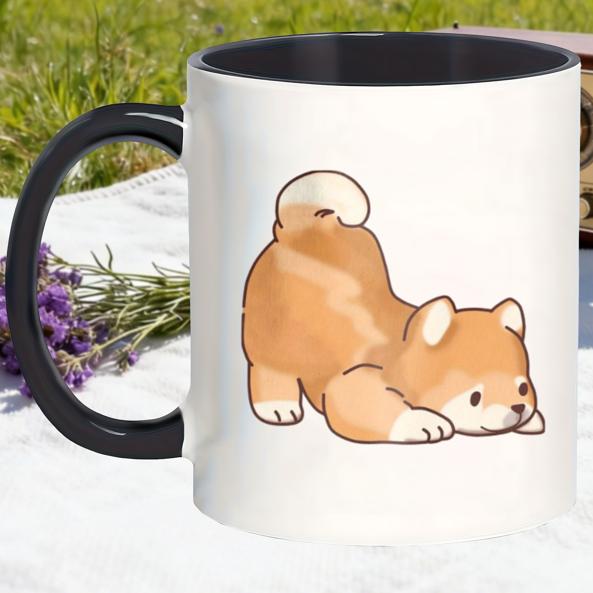 Shiba Inu mug with playful lying dog illustration