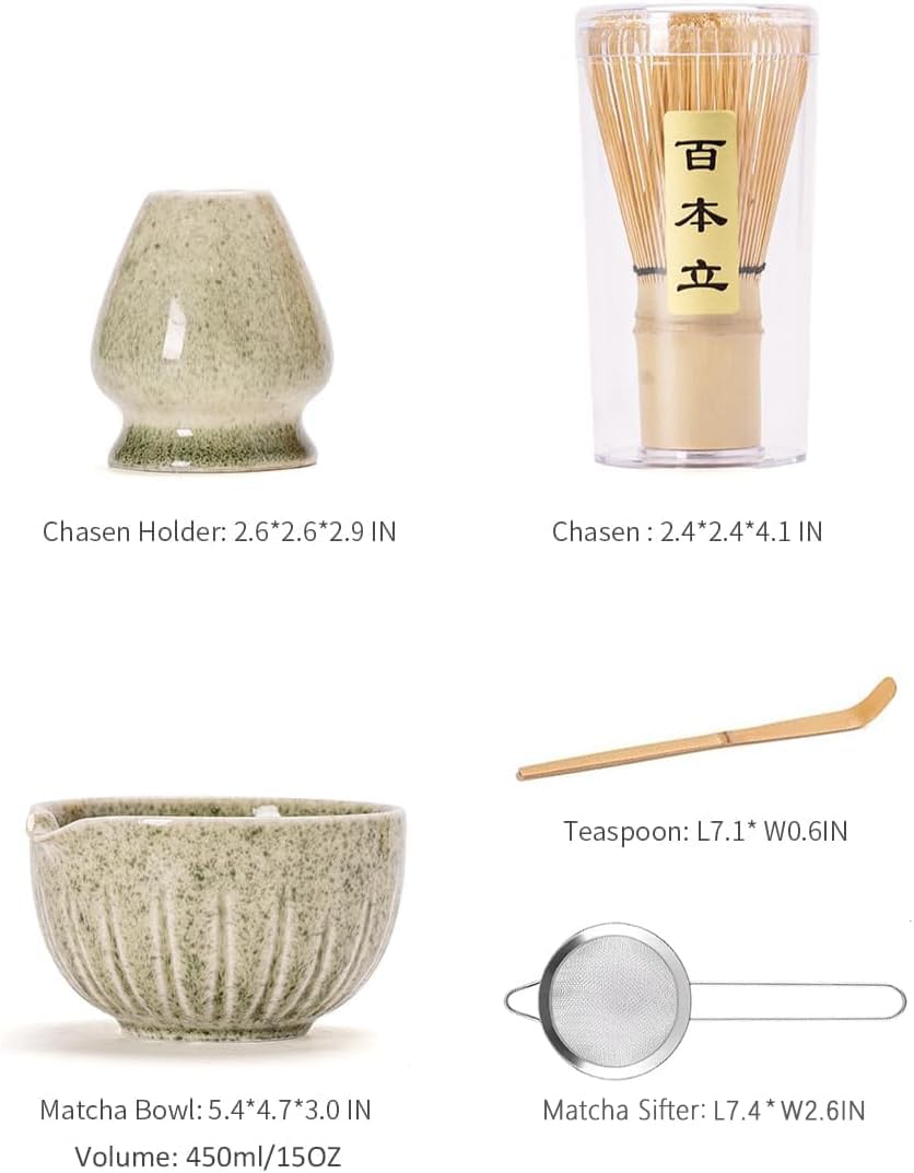 Matcha cup set size chart with 15 oz bowl measurements and tool dimensions