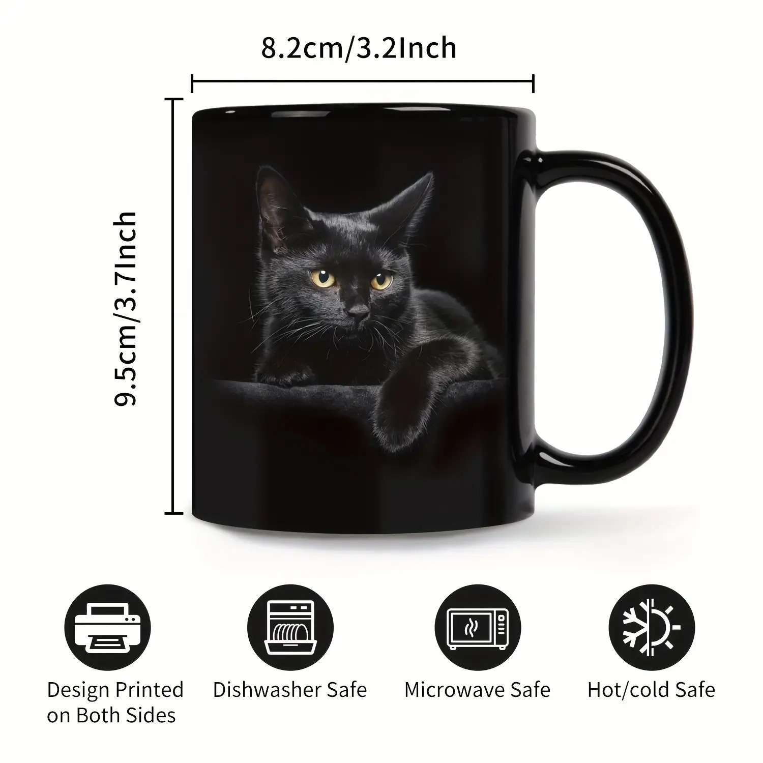 11 oz black cat mug dimensions with dishwasher and microwave safe icons