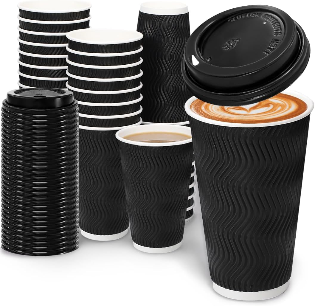 Black ripple wall paper cups with matching lids in a bulk pack arrangement
