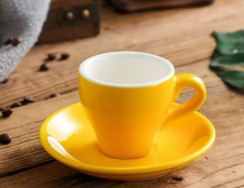 Yellow ceramic 2.5 oz espresso cup with matching saucer