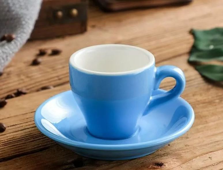 Light blue ceramic 2.5 oz espresso cup with matching saucer