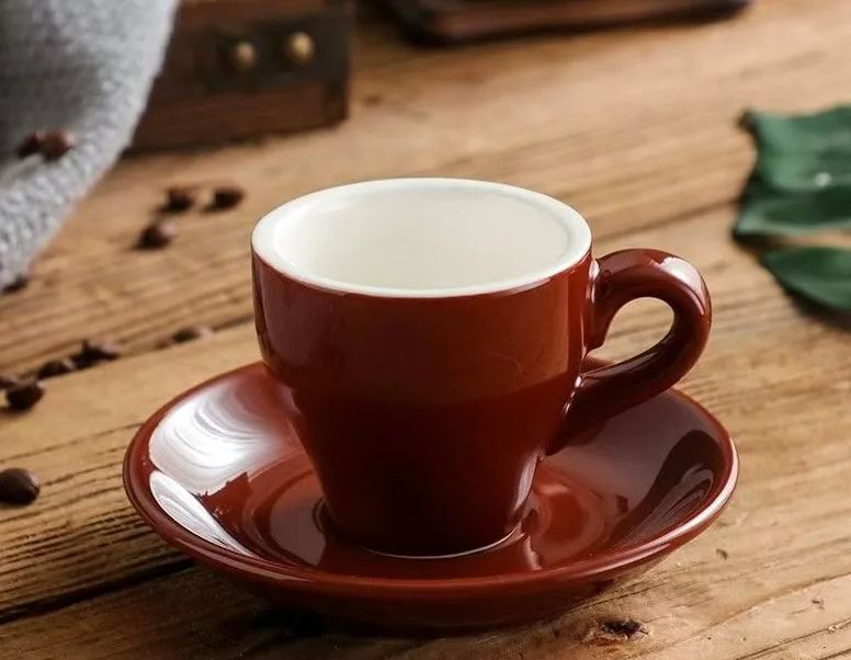Brown ceramic 2.5 oz espresso cup and saucer