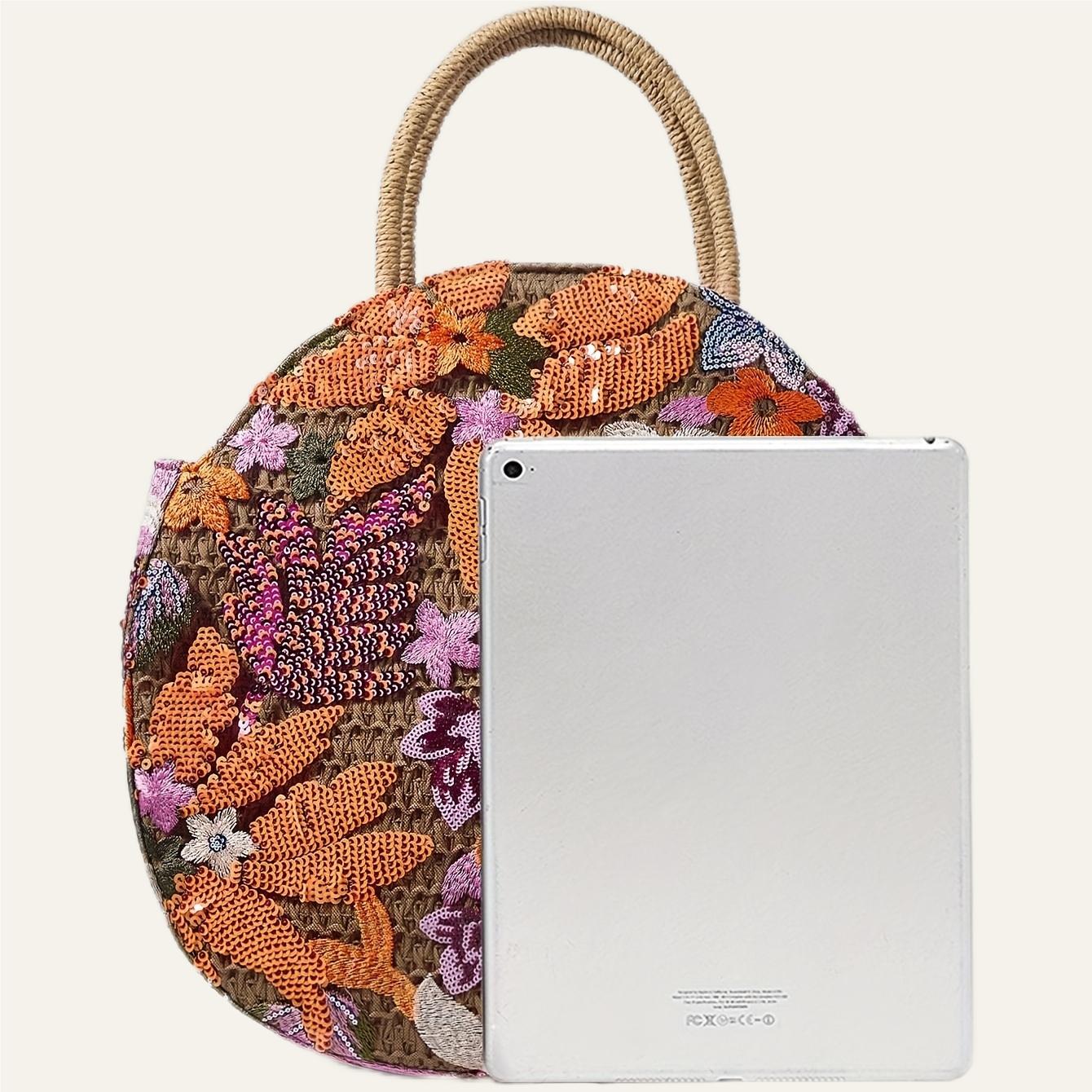 Philomena Women's Vacation Floral Embroidered Sequin Round Straw Tote Bag, Polyester Beach Handbag Ideal For Travel And Shopping