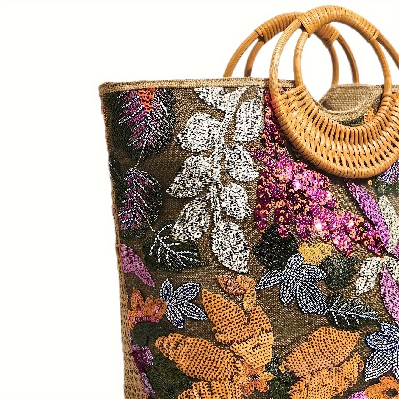 Philomena Chic Women's Embroidered Floral Straw Tote Bag with Sparkling Sequins - Large Capacity, Perfect for Beach, Travel, Parties & Shopping