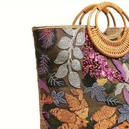 Philomena Chic Women's Embroidered Floral Straw Tote Bag with Sparkling Sequins - Large Capacity, Perfect for Beach, Travel, Parties & Shopping
