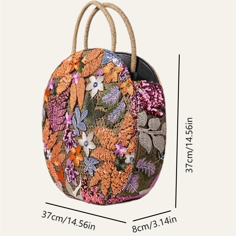 Philomena Women's Vacation Floral Embroidered Sequin Round Straw Tote Bag, Polyester Beach Handbag Ideal For Travel And Shopping