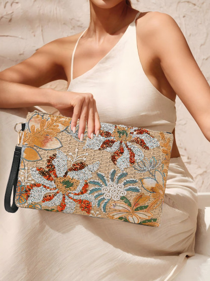Philomena Chic Vintage-Inspired Clutch with Sparkling Sequin Floral Design, Detachable Wrist Strap - Perfect for Parties, Weddings, Beach & Travel