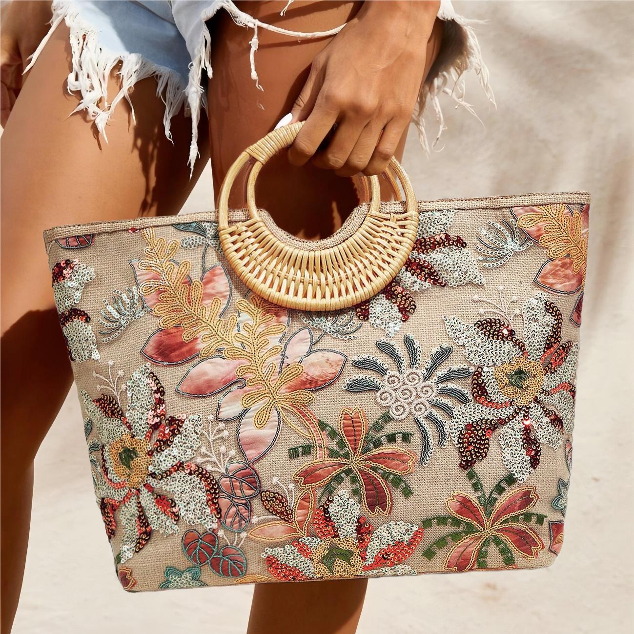 Philomena Chic Women's Embroidered Floral Straw Tote Bag with Sparkling Sequins - Large Capacity, Perfect for Beach, Travel, Parties & Shopping