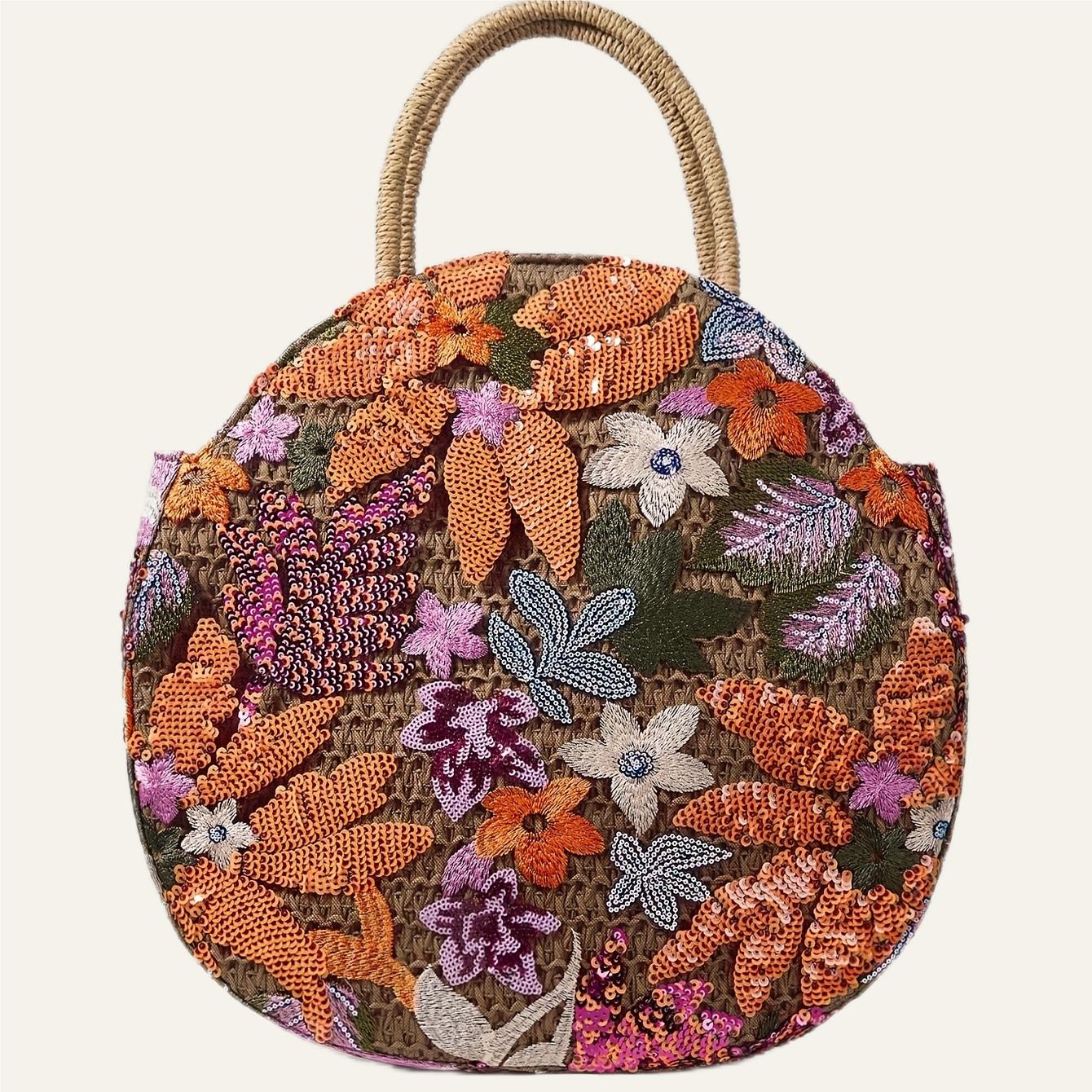 Philomena Women's Vacation Floral Embroidered Sequin Round Straw Tote Bag, Polyester Beach Handbag Ideal For Travel And Shopping