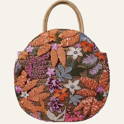 Philomena Women's Vacation Floral Embroidered Sequin Round Straw Tote Bag, Polyester Beach Handbag Ideal For Travel And Shopping