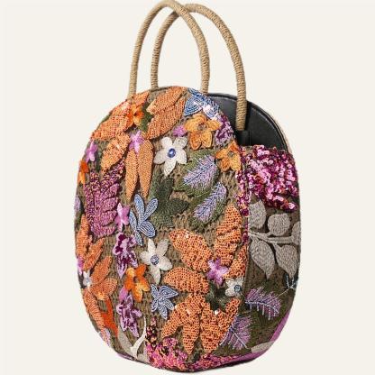 Philomena Women's Vacation Floral Embroidered Sequin Round Straw Tote Bag, Polyester Beach Handbag Ideal For Travel And Shopping