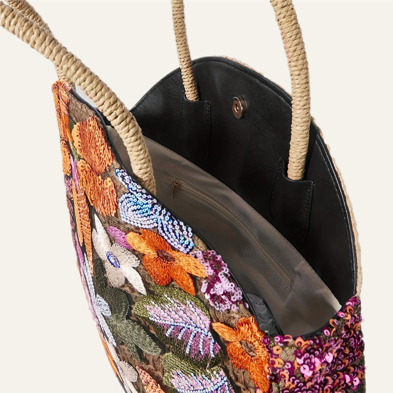 Philomena Women's Vacation Floral Embroidered Sequin Round Straw Tote Bag, Polyester Beach Handbag Ideal For Travel And Shopping