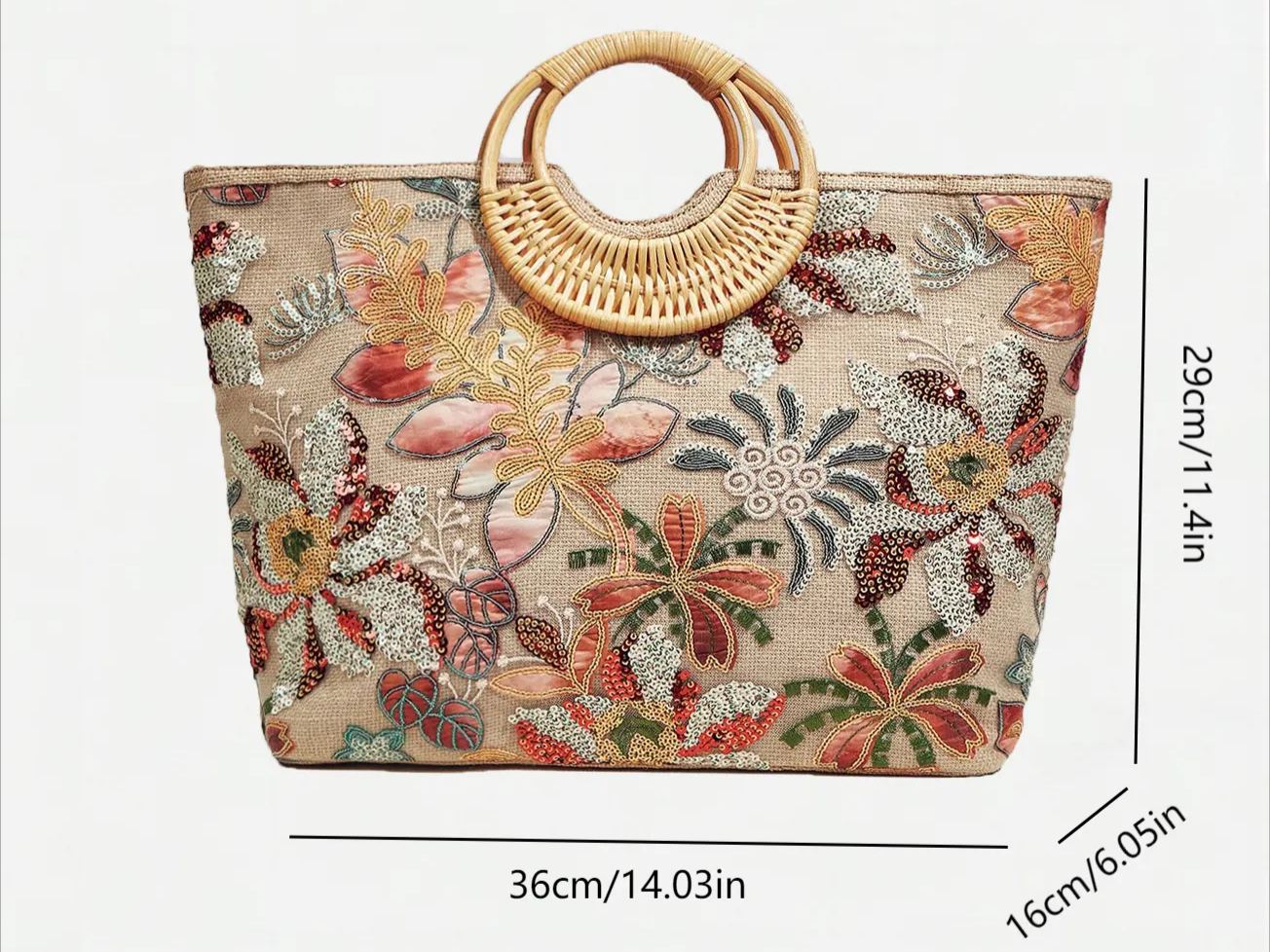 Philomena Chic Women's Embroidered Floral Straw Tote Bag with Sparkling Sequins - Large Capacity, Perfect for Beach, Travel, Parties & Shopping