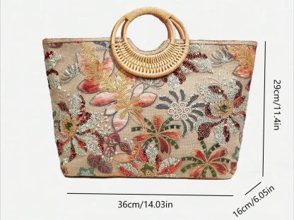 Philomena Chic Women's Embroidered Floral Straw Tote Bag with Sparkling Sequins - Large Capacity, Perfect for Beach, Travel, Parties & Shopping