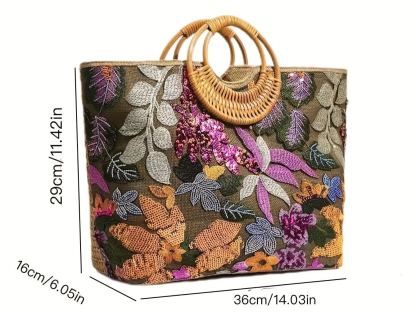 Philomena Chic Women's Embroidered Floral Straw Tote Bag with Sparkling Sequins - Large Capacity, Perfect for Beach, Travel, Parties & Shopping