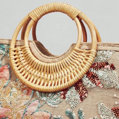 Philomena Chic Women's Embroidered Floral Straw Tote Bag with Sparkling Sequins - Large Capacity, Perfect for Beach, Travel, Parties & Shopping