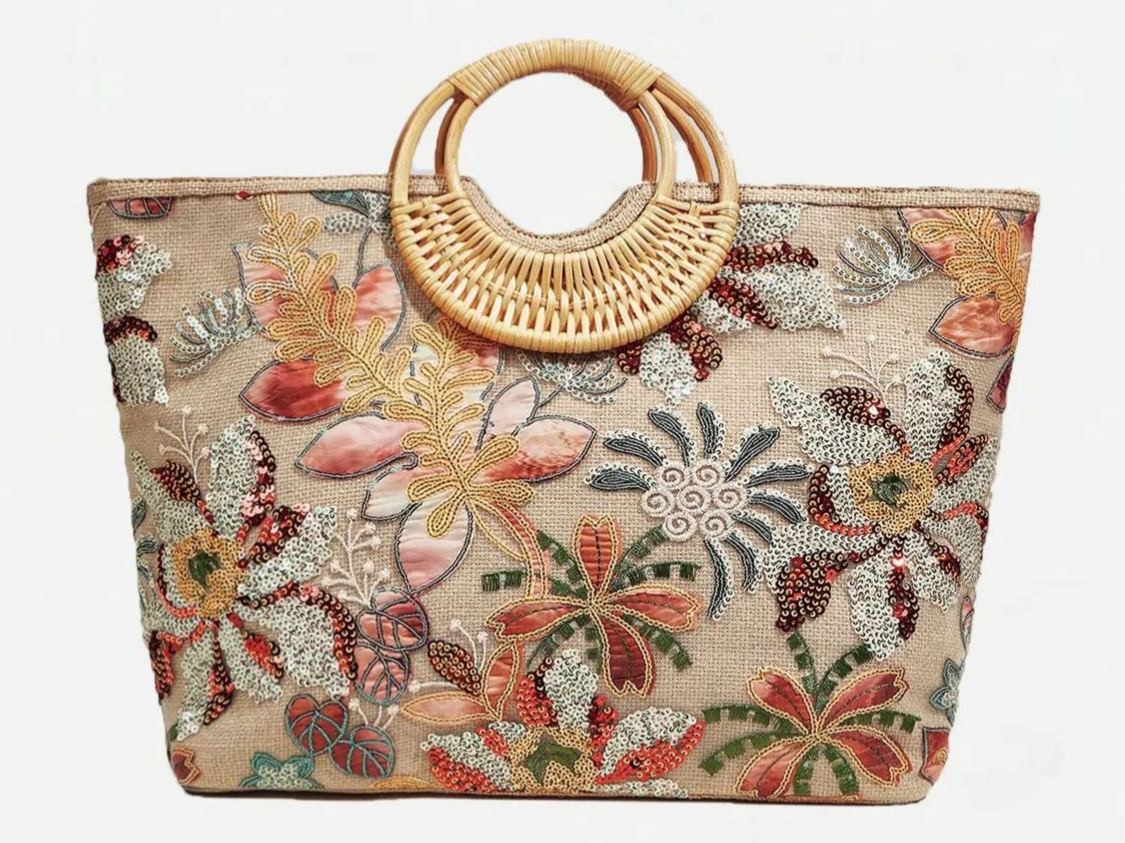 Philomena Chic Women's Embroidered Floral Straw Tote Bag with Sparkling Sequins - Large Capacity, Perfect for Beach, Travel, Parties & Shopping