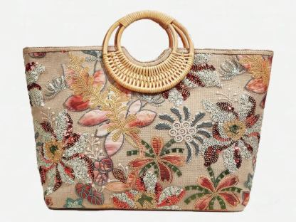 Philomena Chic Women's Embroidered Floral Straw Tote Bag with Sparkling Sequins - Large Capacity, Perfect for Beach, Travel, Parties & Shopping