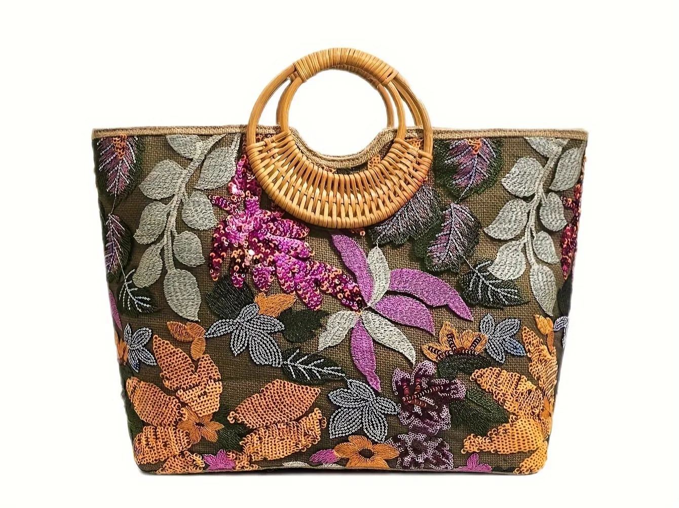 Philomena Chic Women's Embroidered Floral Straw Tote Bag with Sparkling Sequins - Large Capacity, Perfect for Beach, Travel, Parties & Shopping