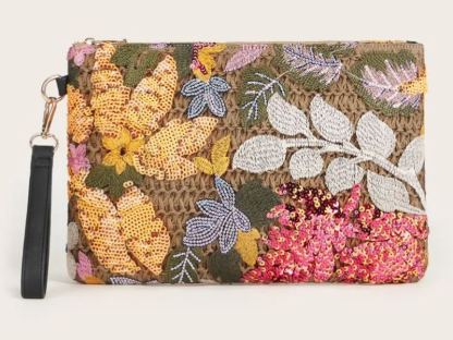 Philomena Chic Vintage-Inspired Clutch with Sparkling Sequin Floral Design, Detachable Wrist Strap - Perfect for Parties, Weddings, Beach & Travel
