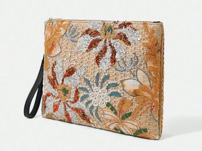 Philomena Chic Vintage-Inspired Clutch with Sparkling Sequin Floral Design, Detachable Wrist Strap - Perfect for Parties, Weddings, Beach & Travel