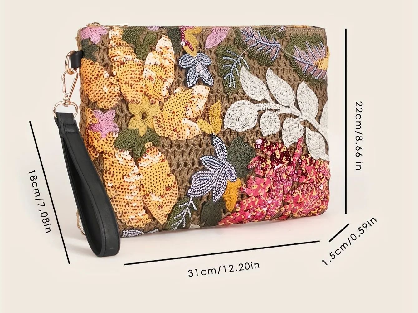 Philomena Chic Vintage-Inspired Clutch with Sparkling Sequin Floral Design, Detachable Wrist Strap - Perfect for Parties, Weddings, Beach & Travel
