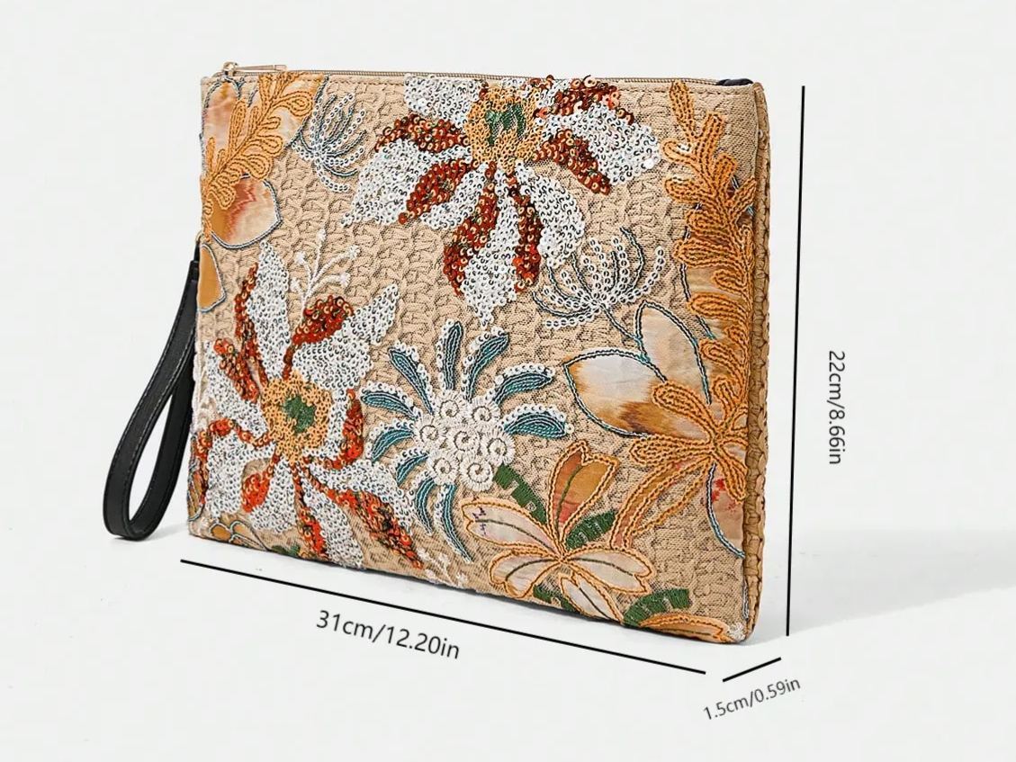 Philomena Chic Vintage-Inspired Clutch with Sparkling Sequin Floral Design, Detachable Wrist Strap - Perfect for Parties, Weddings, Beach & Travel
