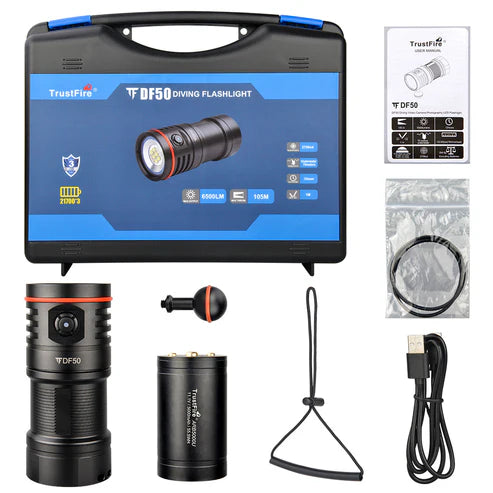 Linterna de buceo TrustFire DF50: LED de 6500 lúmenes, recargable por USB, resistente al agua hasta 70 m, luces multicolor-EStrustfire