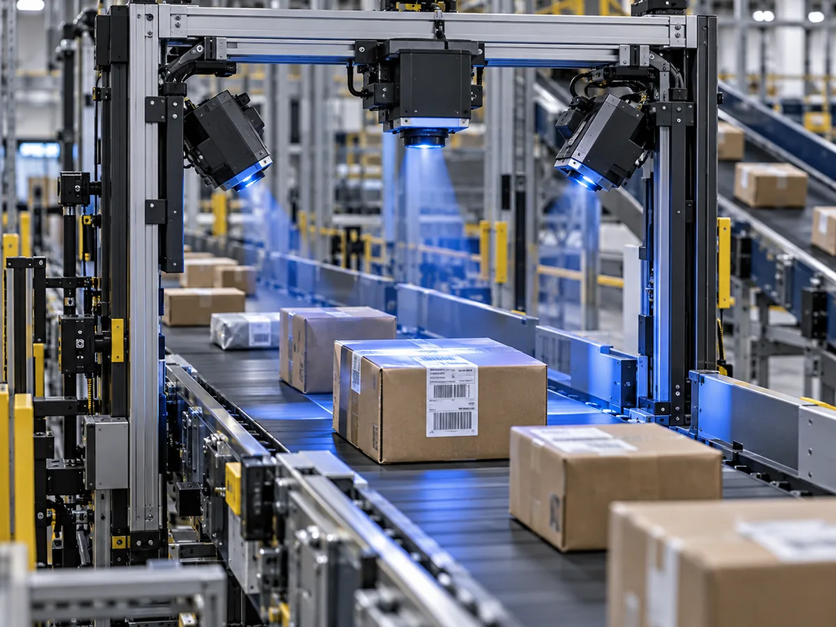 Wide-field camera gantry reading parcels on a conveyor