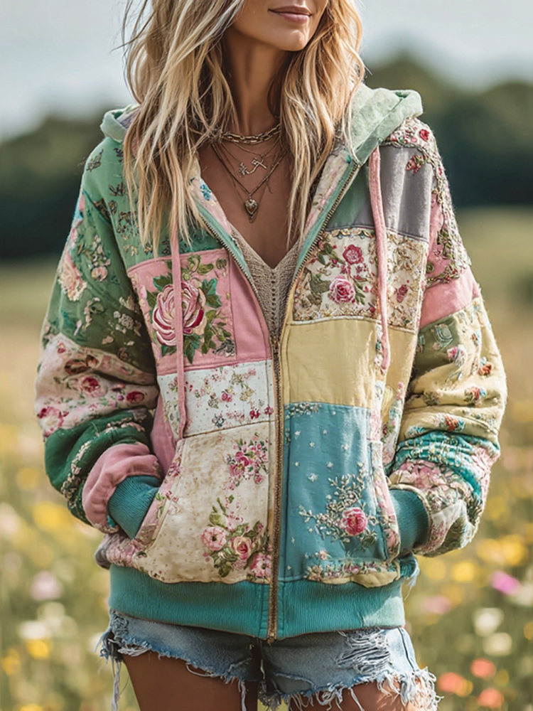 Women's Vintage Floral Patchwork Cozy Warm Zipper Hoodie
