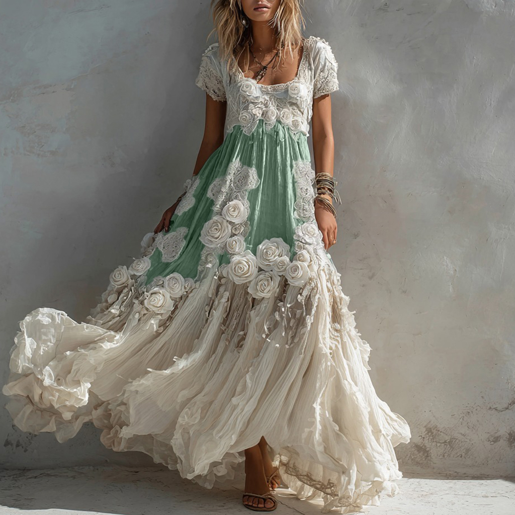 Women's Vintage White Rose Pattern Linen Short Sleeve Dress