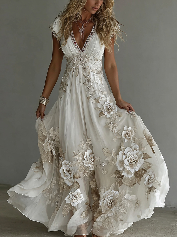 Women's Vintage Boho Floral Art  Short-sleeved Maxi Dress