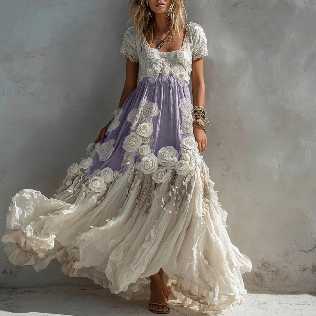 Women's Vintage White Rose Pattern Linen Short Sleeve Dress