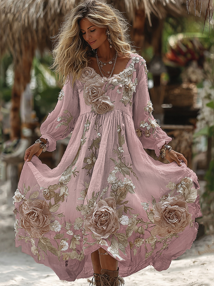 Women's Vintage Romantic White Rose Embroidery Art Comfy Linen Maxi Dress