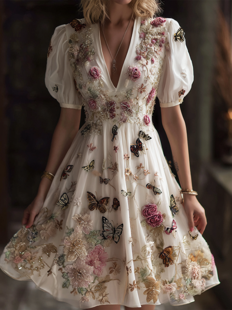 Bohemian Style Plant Flower And Butterfly Pattern Embroidery Women's Cotton And Linen Dress